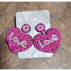 Pink Beaded Love Heart Shaped Earrings NWT